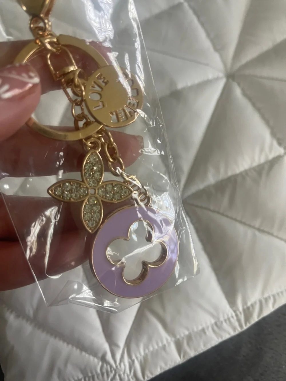 Gold-Tone Keychain Purse Bag Charm with Lavender Enamel Flower Accent nwt
